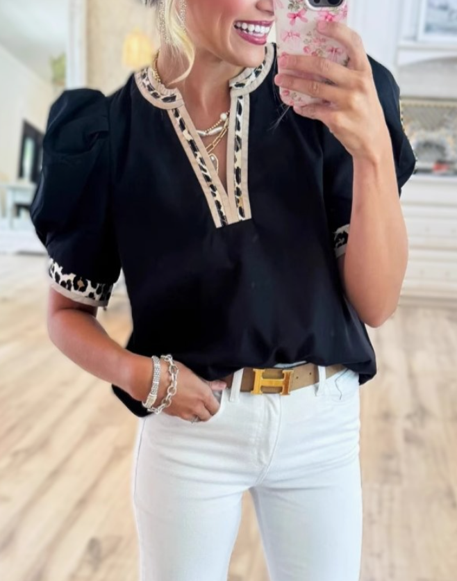 Black Notched Neck Leopard Print Trim Bubble Sleeve Top