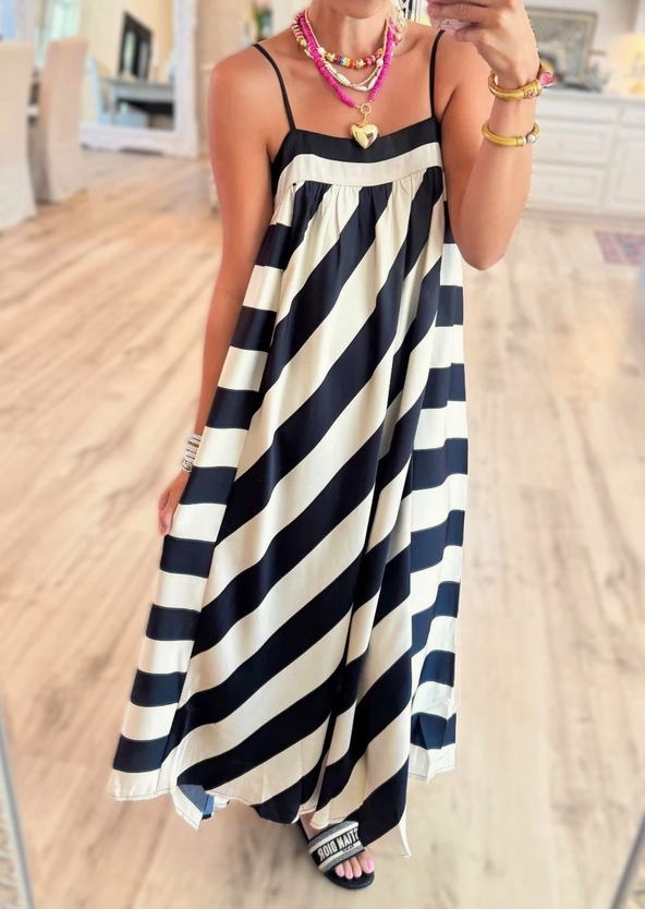 Cream & Black Striped Maxi Dress