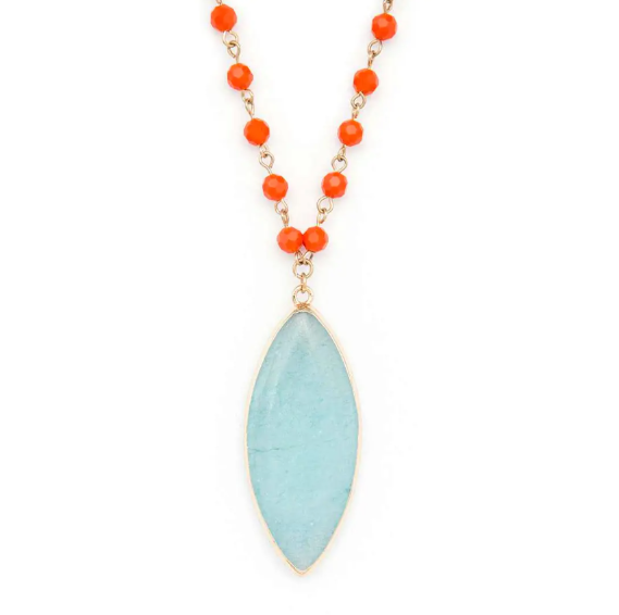 Aqua & Orange Beaded Pendant Necklace
