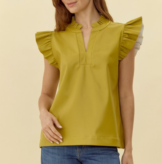 Avocado Pleather Ruffle Sleeve Top