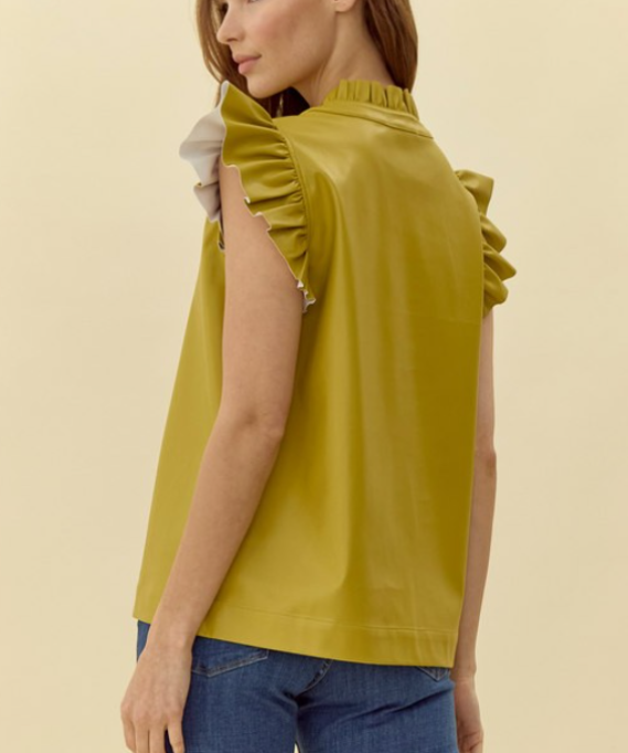 Avocado Pleather Ruffle Sleeve Top