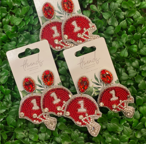 Beaded Red Football Helmet Earrings