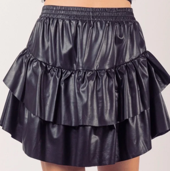 Black Faux Leather Mini Ruffle Skirt