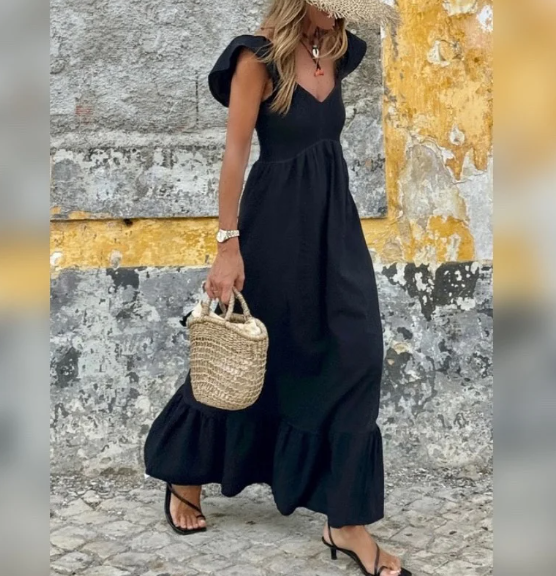 Black Smocked Bodice High Waist Ruffle Maxi Dress
