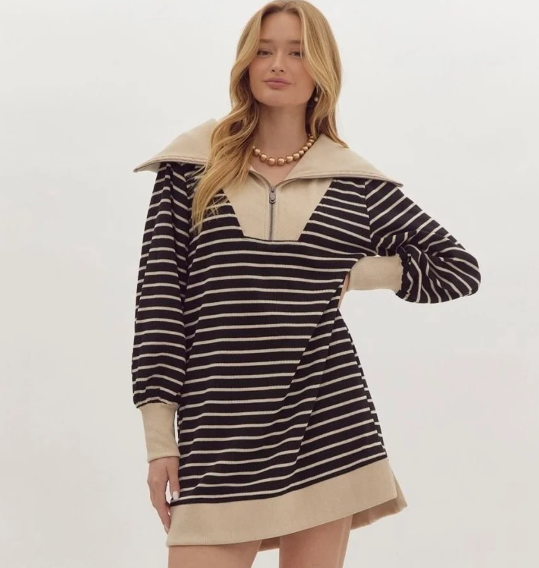 Black Striped Quarter-Zip Sweater Dress