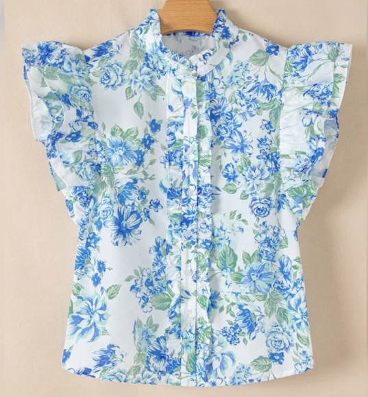 Blue & Green Floral Print Ruffle Blouse