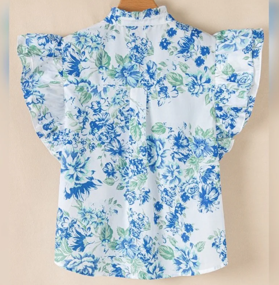 Blue & Green Floral Print Ruffle Blouse