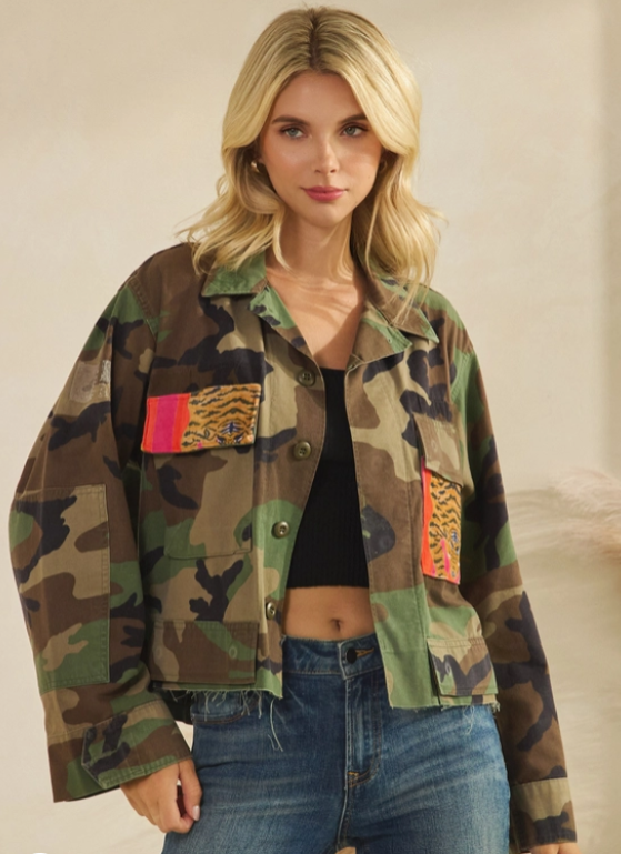 Camo Jacket with Tiger Print Contrast