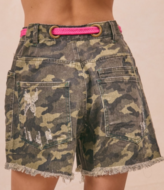 Camo Patch Pocket Shorts With Braided Belt