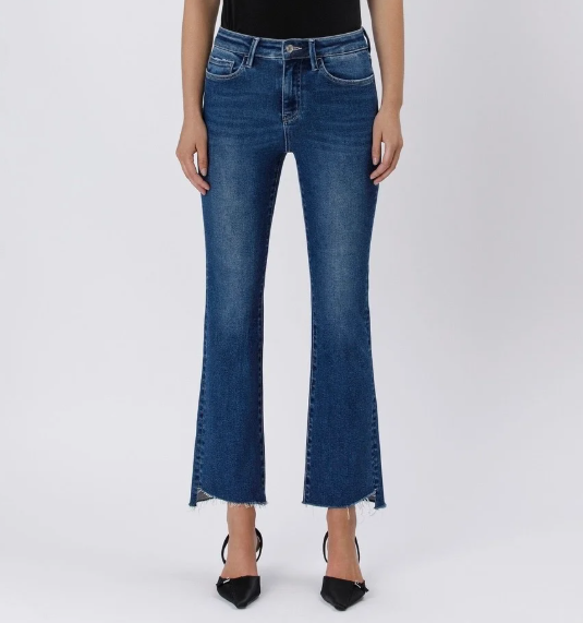 Dark High Rise Raw Side Step Hem Bootcut Jeans