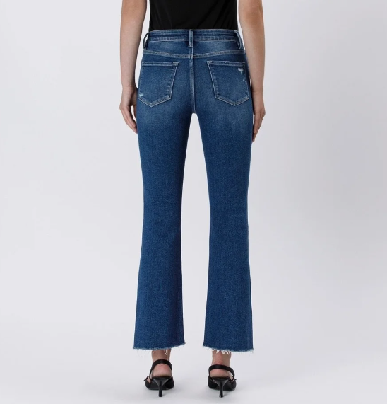 Dark High Rise Raw Side Step Hem Bootcut Jeans