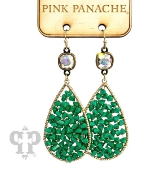Green Woven Bead Teardrop Earring w/ Austrian Crystal