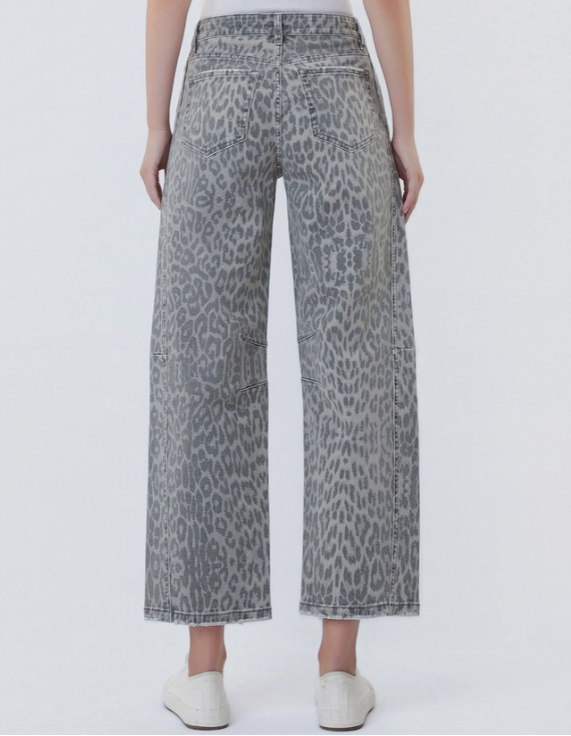 High Rise Leopard Barrel Jean