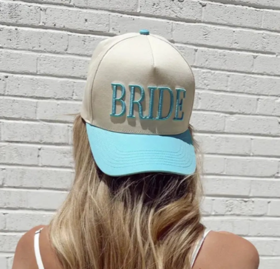 Light Blue & White Embroidered "Bride" Trucker Hat