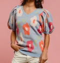 Light Blue Floral Puff Sleeve Sweater