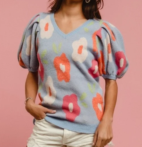 Light Blue Floral Puff Sleeve Sweater