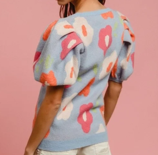 Light Blue Floral Puff Sleeve Sweater