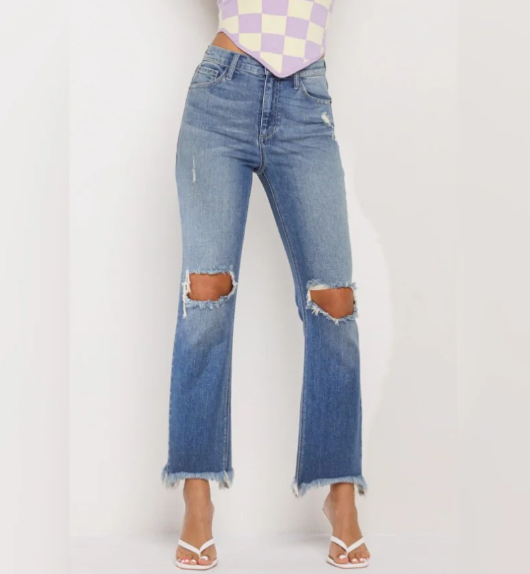 Medium Wash High Rise Distressed Straight Jeans