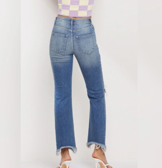 Medium Wash High Rise Distressed Straight Jeans