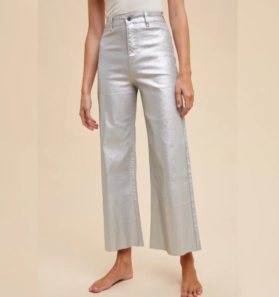 Metallic Silver High Rise Cropped Wide Leg Pants