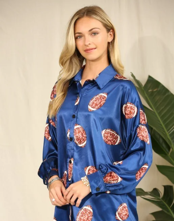 NAVY GAMEDAY SATIN BUTTON DOWN