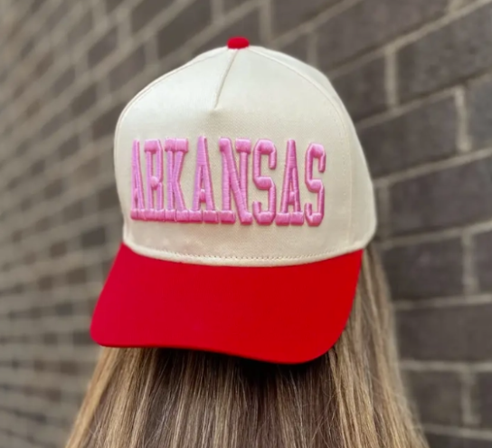 Pink & Red Embroidered "Arkansas" Trucker Hat