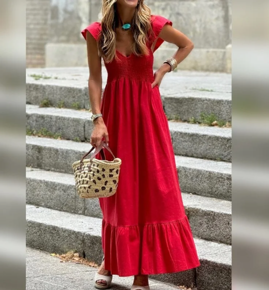 Red Smocked Bodice High Waist Ruffle Maxi Dress