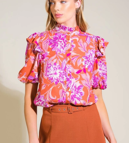 Rust & Purple Floral Ruffle Top