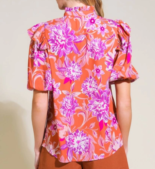 Rust & Purple Floral Ruffle Top