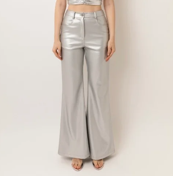 Silver Faux Leather Wide Leg Pants