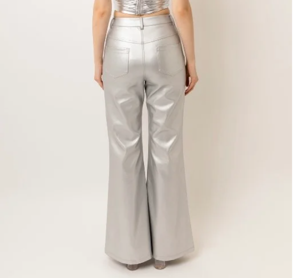 Silver Faux Leather Wide Leg Pants