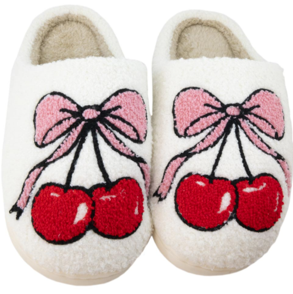 White Cherry Bow Slippers