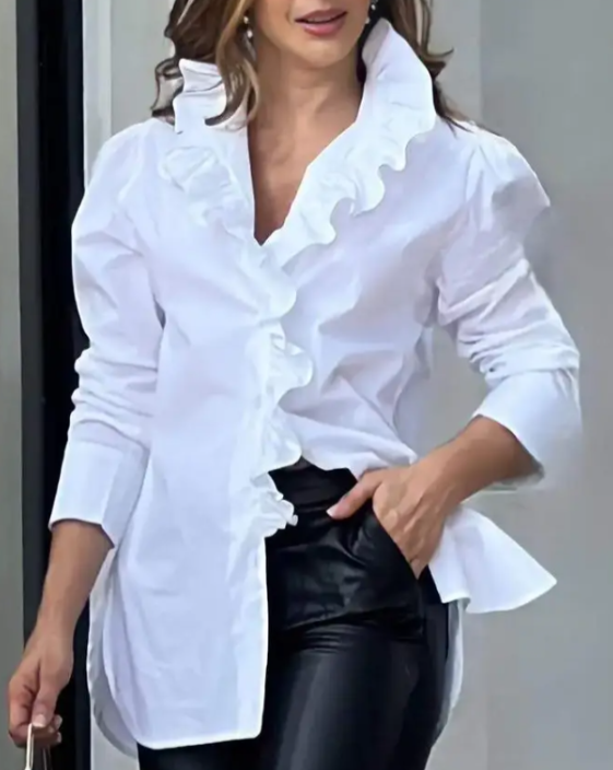 White Ruffle Hem Button Up Top